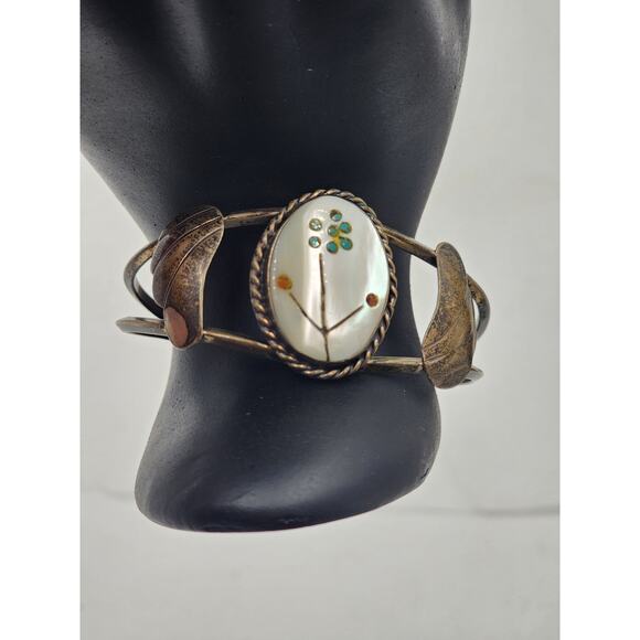 Zuni Jewelry Sterling Cuff Bracelet Coral Turquoise MOP 17g Native American 6" - Picture 13 of 16